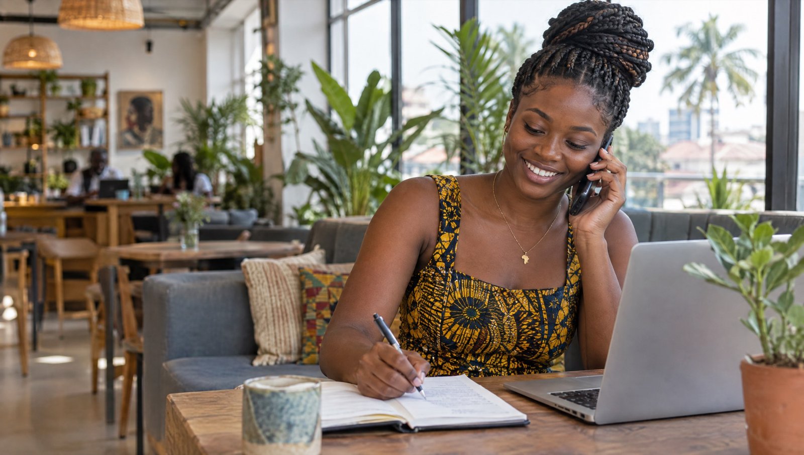 A student smiling on a phone call while taking notes at a cafe in Accra